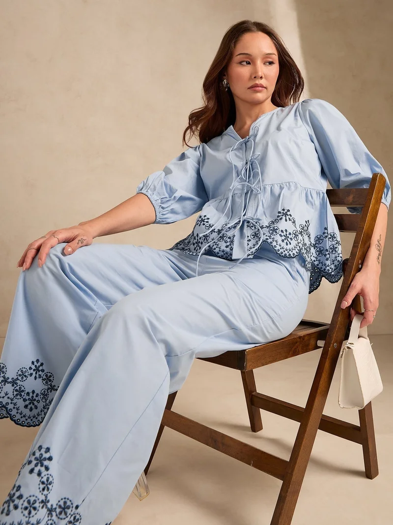 Outzidr  Blue Contrast Schiffli Regular Fit Shirt With Trouser for Women | Best Price UAE
